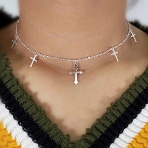 Silver Tone Cross Charm Choker Necklace Goth NEW